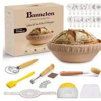 Bread Baking Set: Fermentation Basket, Scoring Knife, Rolling Pin, Bread Bag, and Rolling Mat. Model 1 brown