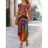 Moteriška vasarinė ilga suknelė, apvalia iškirpte, trumpomis rankovėmis, laisva, su gėlių raštu, Boho stiliaus 3XL gray