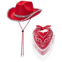 Cowgirl Hat and Bandana with Sequined Brim Set for Role Play Music Festival raudona
