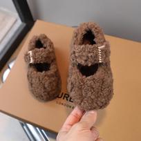 Girls Fuzzy Mary Jane Warm Winter Flat Shoes 30 brown