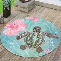 Round Sea Turtle and Hibiscus Print Rug Non-slip Floor Mat for Bathroom Bedroom Living Room Home Decoration 80cmx80cm