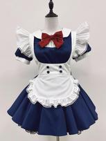 Retro Navy Blue Japanese Lolita Maid Dress with Batwing Sleeves S white