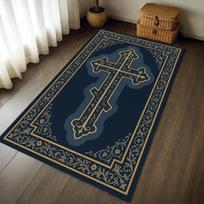 Orthodox Cross Carpet, Christian Prayer Rug for Home Church, Navy Blue Gold Area Rug, Religious Decor, Soft Washable Floor Mat 50x80cm-Felt