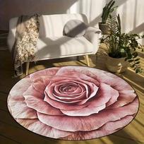 Soft Pink Rose Round Rug Realistic Flower Non Slip Floor Mat for Bedroom Living Room and Bathroom 40x40cm