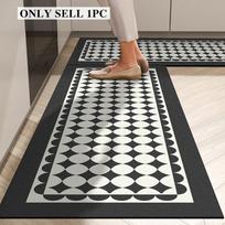 Kitchen Rug Pvc Waterproof Leather Carpet Non-slip Oil-proof Floor Mat Black White Geometric Pattern Long Home Decoration Rugs 1pc 50x120cm