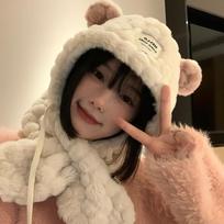 Cute Bear Ears Hat and Scarf All in One Women's Winter Korean Style Plush Thickened Warm Cycling Ear Protection Hat M（56-58cm） brown