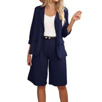 2 Pcs/Set Women Business Outfit Loose Wide Leg Cardigan Solid Color Double Buttons Office Turn-down Collar High Waist Plus L tamsiai mėlyna spalva
