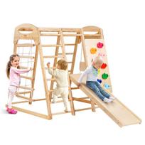 VEVOR Indoor Jungle Gym, 7-in-1 Toddler Indoor Playground, 120 x 147 x 142 cm, with Wood and Rope Ladder, Net Ladder, Swing, Monkey Bar, Slide