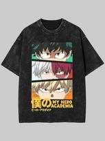 My Hero Academia Deku Bakugo Todoroki Vintage Washed Oversized Graphic T‑Shirt S white