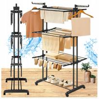 3-Tier Black Standing Laundry Dryer with Wheels and Shoe Storage