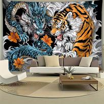 2D Drakono ir Tigro gobelenas Japoniško tatuiruočių stiliaus sienos kabinamas dekoras 47.2x31.5inch/120*80cm black