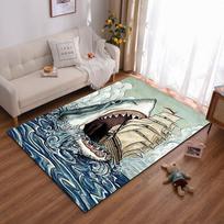 Shark Attack Carpet with Vintage Ship Design in Ocean Theme  Suitable for use as an anti-slip for living room bedroom sofas 80x120cm( 31x47in) gray