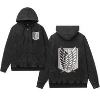 Attack on Titan Hoodie: Water-Washed, Distressed Retro Style with Zipper, Unisex, European Sizes black
