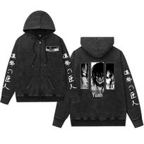 Attack on Titan Hoodie: Water-Washed, Distressed Retro Style with Zipper, Unisex, European Sizes black