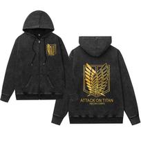 Attack on Titan Hoodie: Water-Washed, Distressed Retro Style with Zipper, Unisex, European Sizes