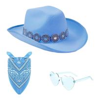Adult Western Cowboy Hat with Silver Round Diamond Embroidery, Denim Hat with Square Scarf and Glasses Set One Size mėlyna