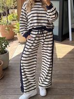 Lazy Wind Striped Suit Crew Neck Shoulder Long Sleeve Sweater Contrast Color Hemming Drawstring High Waist Wide Leg Pants Ladies S gray