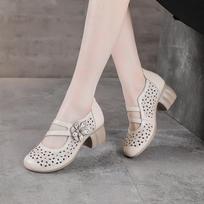 2026 Women's Soft Leather Mary Jane Sandals - Summer Low-Cut, Comfortable Soft Sole, Mid-Heel Dancing Shoes with Hollow Design. 38 gray