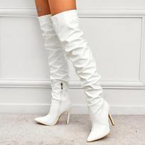Madingi smailianosiai virš kelių batai moterims, aukštakulniai, lakuotos odos, vienspalviai, stiletto, šoninis užtrauktukas, Sapatos Femininos 40 balta