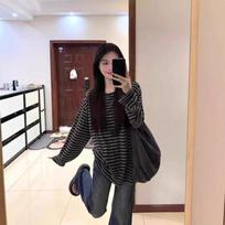 Korean Style Lazy and Relaxed Black and Gray Striped Long-sleeved Women's Early Autumn New Loose Retro Top XL