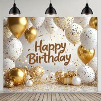 2D White Gold Balloon Happy Birthday Backdrop for Adult Birthday Party 59x51.1inch/150*130cm white