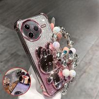 Rabbit Mirror Bracket Phone Case for Xiaomi POCO X7 M7 F7 X6 M6 F6 Ultra Pro with Bracelet Four Corner Airbag Cushioning Shell Case & Holder&Poco M6 black