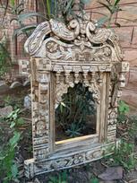 Painted Wooden Jharokha with Peacock Motif: Traditional Indian Window Decor 16” X 8” X 24” (l x w x h) įvairiaspalvis