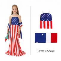 Girls Strapless Floor-Length Dress with Star and Stripe Pattern for Patriotic Events Costume Party Parade Halloween Performance S raudona