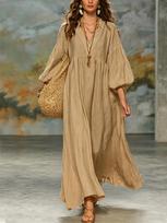 European and American lazy bohemian dress women's cotton and linen deep V lantern sleeves loose big swing holiday dress XL beige