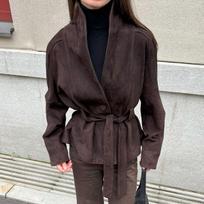 Autumn Winter Women's Vintage Suede Long Sleeve Jacket, V-neck Design Textured Faux Suede Coat M tamsiai ruda spalva