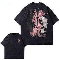 Washed Vintage Koi Fish Sakura Katana Graphic T Shirt Cherry Blossom Sword Print Unisex Cotton Crew Neck Short Sleeve Street Tee S black