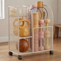 Home Gym Storage Cart Metal Fitness Equipment Organizer Grid-patternGrid White with Wheels brown