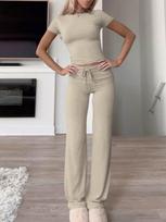 NOIRLYN Women's Fall Two Pieces Y2K Sportswear Gym Casual Daily Solid Color Short-Sleeved Round-Neck T-Shirt And Slim Straight-Leg Long Pants Set XL white