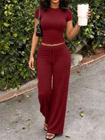 NOIRLYN Women's Fall Two Pieces Y2K Sportswear Gym Casual Daily Solid Color Short-Sleeved Round-Neck T-Shirt And Slim Straight-Leg Long Pants Set XL brown