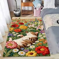 Cat in Flower Garden Embroidery Area Rug Cute Pet Floral Carpet Non-Slip Washable Mat for Cat Lover Gift Bedroom Home Decor 40cm x 60cm gray