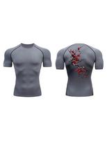 Men's Compression Shirt Quick Dry White Gym T-Shirt Red Rose Back Print Workout Sportswear 3XL gray