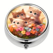 A cat round medicine box,household portable medicine storage box,3compartment packing medicine box,outdoor travel,office sorting beige