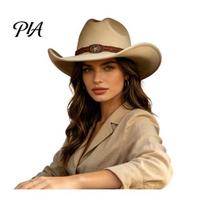 Winter Windproof Wool Cap Unisex Western Cowboy Hat, Felt Fedora Hat with Faux Leather Band, Retro Wide Brim Cowgirl for Men Women Formal Party smėlis