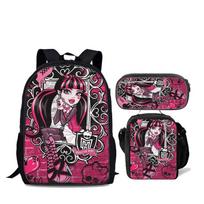 Monster High 17-Inch Cartoon Backpack 3-Piece Set, Large Capacity Student School Bag Pencil case