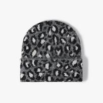 Leopard Print Knit Beanie Winter Warm Foldable Breathable Casual Hat One Size gray