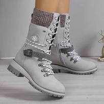 Women Winter Boots Buckle Lace Lady Mid-calf Boots Low Heel Round Toe Quality Warm Shoes Botas De Mujer 38 gray