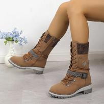 Women Winter Boots Buckle Lace Lady Mid-calf Boots Low Heel Round Toe Quality Warm Shoes Botas De Mujer 38