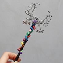 Handmade Natural Amethyst Moon Pentagram Crystal Magic Wand For Wiccan Spiritual Healing Ritual Cosplay Decor Halloween Gift