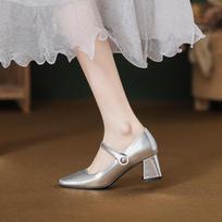 Silver thick heel Mary Jane shoes female French square head temperament high heels fairy style word belt single shoes spring new 40 black