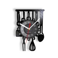Cutlery Farmhouse Kitchen Art Sign Wall Clock Dinning Room Restaurant Cutlery Wall Decor Vintage Utensil Vinyl Record Wall Clock gray