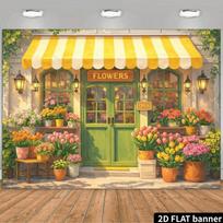 2D Florist Shop Backdrop, Green Door Yellow Awning Photo Booth Banner 47.2x31.5inch/120*80cm yellow