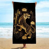 Golden Tiger Beach Towel, Black Lotus Bamboo Print, Oriental Art Design, Quick Dry Microfiber, Gift for Wildlife Lovers 31x63inch 80x160cm&1pc white