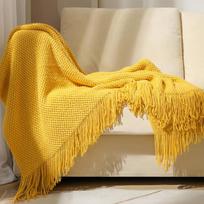Megztas vaflių rašto sofa užmetamas pledas biurui ir poguliui. 70x240CM with Fringe, 500g yellow
