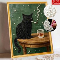 5D DIY Pearl Art Kit Black Cat and Whiskey Theme Decor Home Wall Decoration 30x40