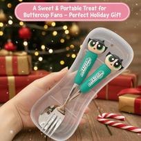 Powerpuff Girls Cutlery Set, Stainless Steel Spoon and Fork, Silicone Non-slip Handle, Portable Dessert Cutlery with Storage Box. Large transparent box